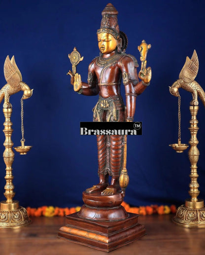 Brassaura™ Handcrafted Pure Brass Lord Vishnu Statue on Lotus Base with Sheshnaag | 37 Inch Height | 27 KG Weight | Black Heat-Treated Finish