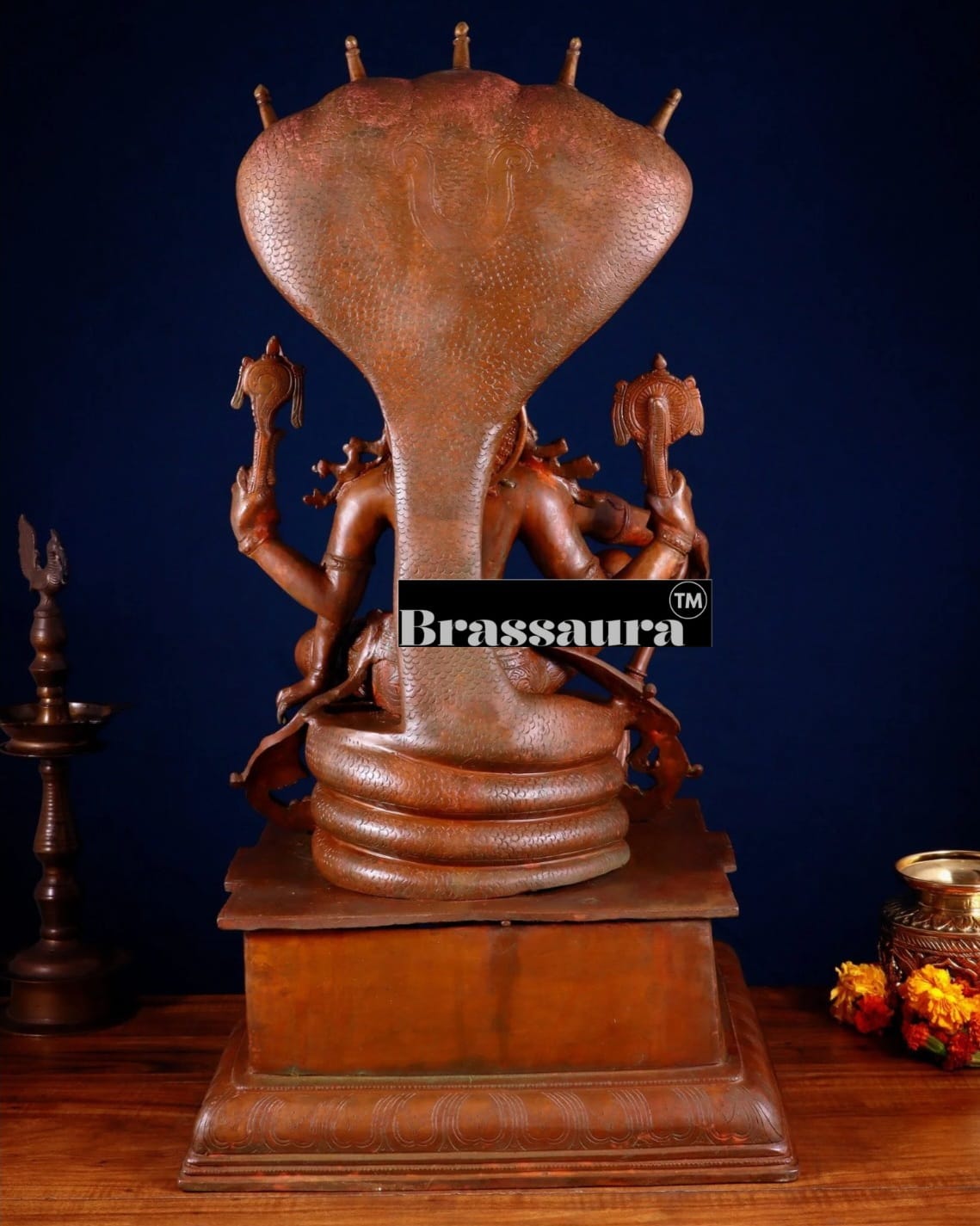 Brassaura™ Magnificent Brass Lord Vishnu Statue Seated on Engraved Pedestal with Sheshanaag and Hanuman | 29 Inch Height | 35 KG Weight | Chola Bronze Finish