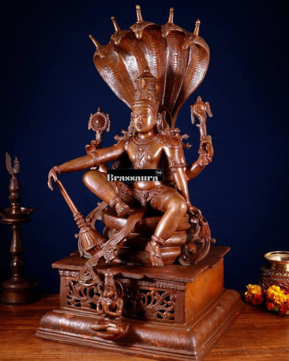 Brassaura™ Magnificent Brass Lord Vishnu Statue Seated on Engraved Pedestal with Sheshanaag and Hanuman | 29 Inch Height | 35 KG Weight | Chola Bronze Finish