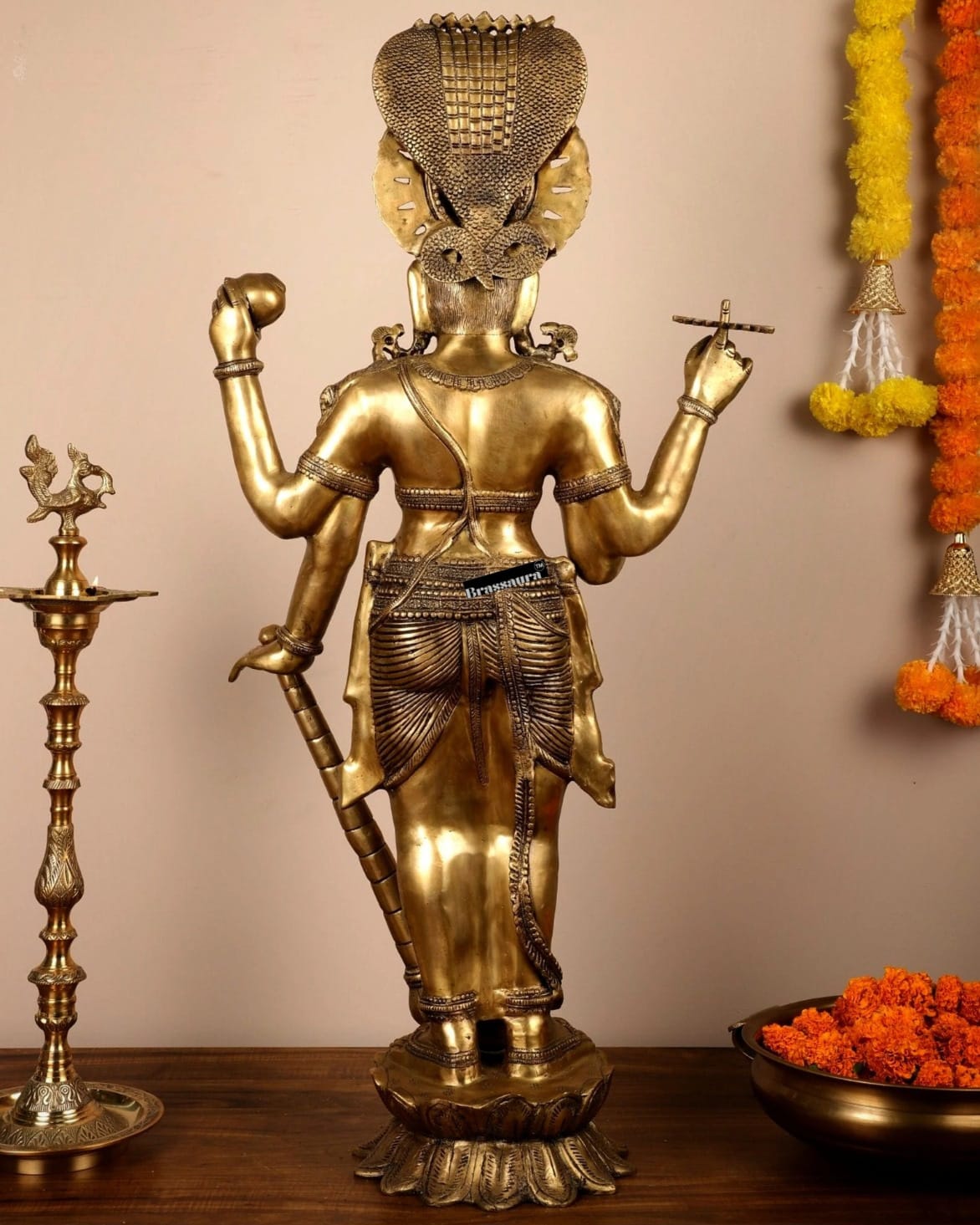 Brassaura™ Handcrafted Pure Brass Lord Vishnu Statue with Sheshanaag | 40 Inch Height | 32 KG Weight | Intricate Design