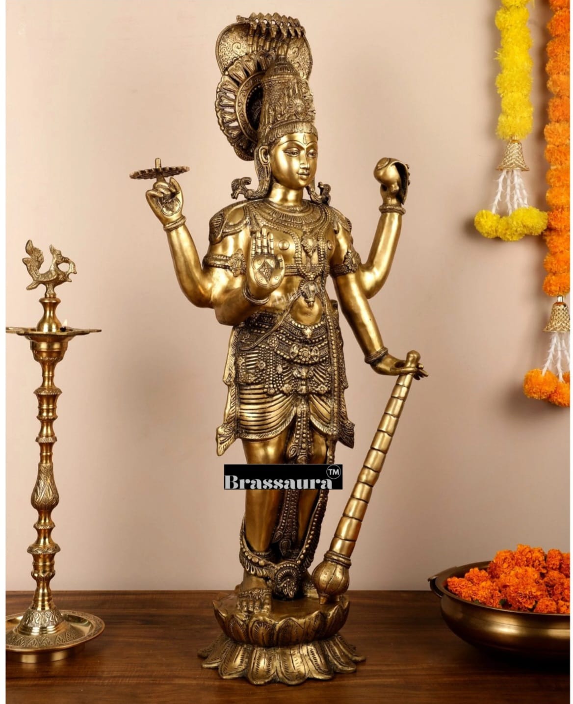 Brassaura™ Handcrafted Pure Brass Lord Vishnu Statue with Sheshanaag | 40 Inch Height | 32 KG Weight | Intricate Design
