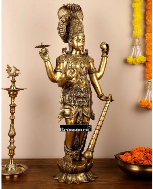 Brassaura® Handcrafted Pure Brass Lord Vishnu Statue with Sheshanaag | 40 Inch Height | Intricate Design