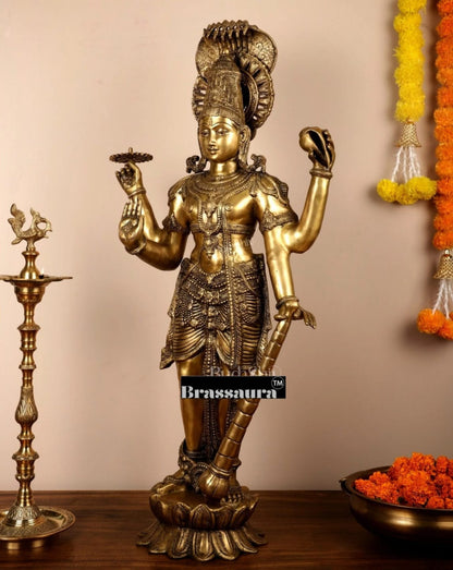 Brassaura™ Handcrafted Pure Brass Lord Vishnu Statue with Sheshanaag | 40 Inch Height | 32 KG Weight | Intricate Design