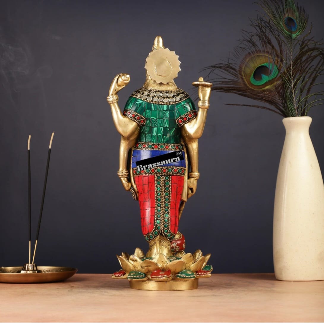 Brassaura™ Handcrafted Pure Brass Lord Vishnu Satya Narayan Idol with Intricate Stonework | 12 Inch Height | 4 KG Weight | Beautifully Adorned