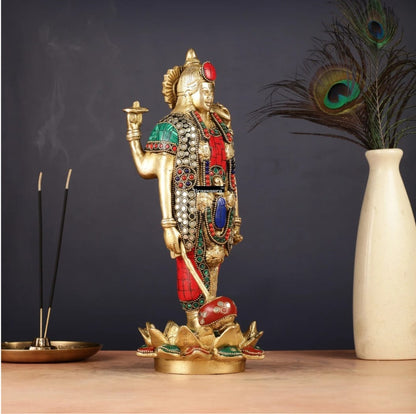 Brassaura™ Handcrafted Pure Brass Lord Vishnu Satya Narayan Idol with Intricate Stonework | 12 Inch Height | 4 KG Weight | Beautifully Adorned
