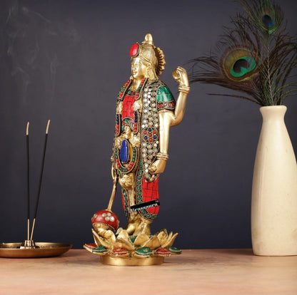 Brassaura™ Handcrafted Pure Brass Lord Vishnu Satya Narayan Idol with Intricate Stonework | 12 Inch Height | 4 KG Weight | Beautifully Adorned