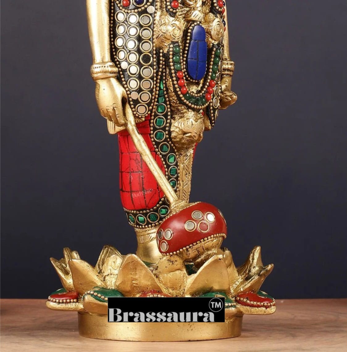 Brassaura™ Handcrafted Pure Brass Lord Vishnu Satya Narayan Idol with Intricate Stonework | 12 Inch Height | 4 KG Weight | Beautifully Adorned
