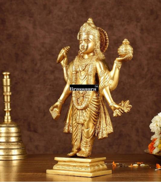 Brassaura® Handcrafted Pure Brass Lord Dhanvantari Statue | 10 Inch Height | Intricate Detailing