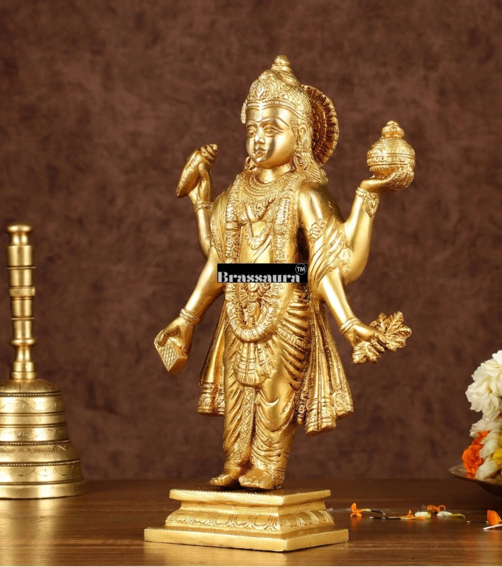 Brassaura™ Handcrafted Pure Brass Lord Dhanvantari Statue | 10 Inch Height | 2.7 KG Weight | Intricate Detailing