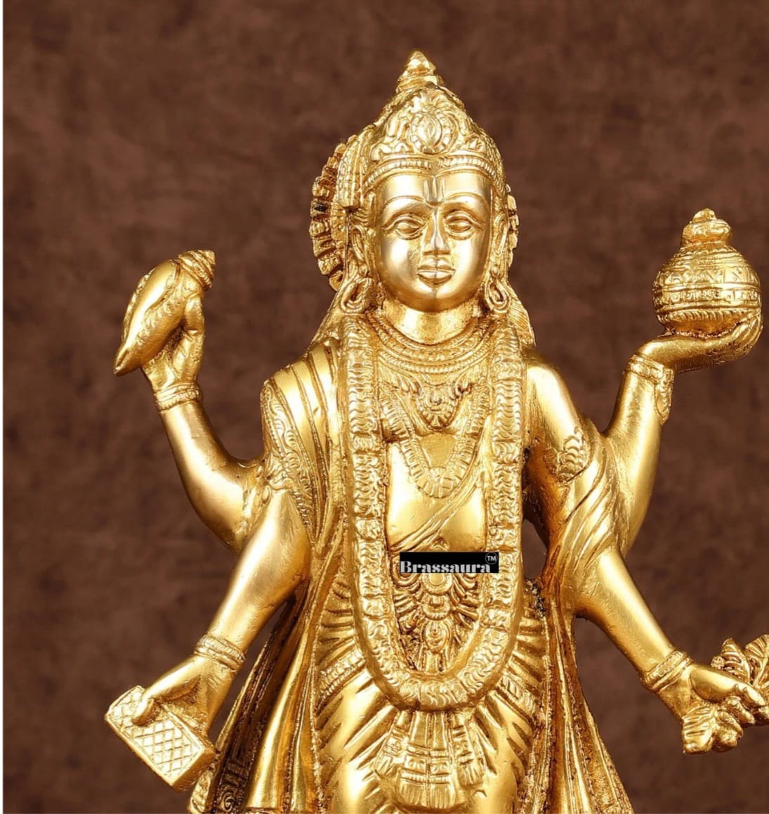 Brassaura™ Handcrafted Pure Brass Lord Dhanvantari Statue | 10 Inch Height | 2.7 KG Weight | Intricate Detailing