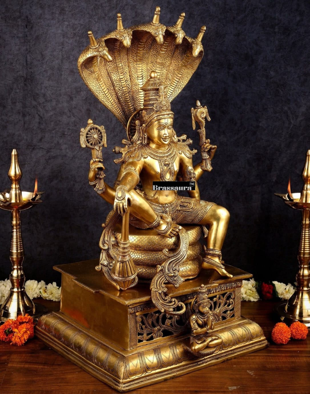 Brassaura™Brass Shri Hari Narayana Statue Seated Under Sheshanaag – Height 29 Inches & Weight 35 Kgs | Home & Puja Accent