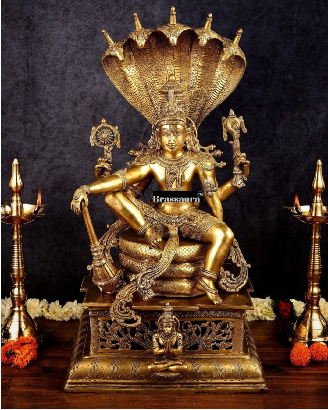Brassaura™Brass Shri Hari Narayana Statue Seated Under Sheshanaag – Height 29 Inches & Weight 35 Kgs | Home & Puja Accent