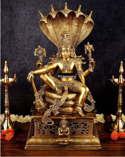 Brassaura™Brass Shri Hari Narayana Statue Seated Under Sheshanaag – Height 29 Inches & Weight 35 Kgs | Home & Puja Accent