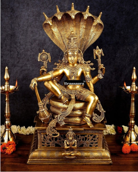 Brassaura™Brass Shri Hari Narayana Statue Seated Under Sheshanaag – Height 29 Inches & Weight 35 Kgs | Home & Puja Accent
