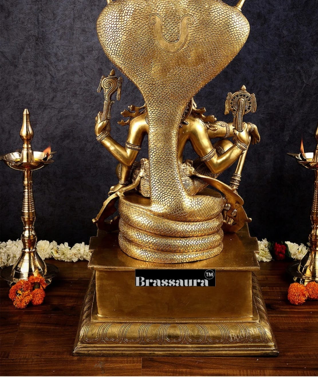 Brassaura™Brass Shri Hari Narayana Statue Seated Under Sheshanaag – Height 29 Inches & Weight 35 Kgs | Home & Puja Accent