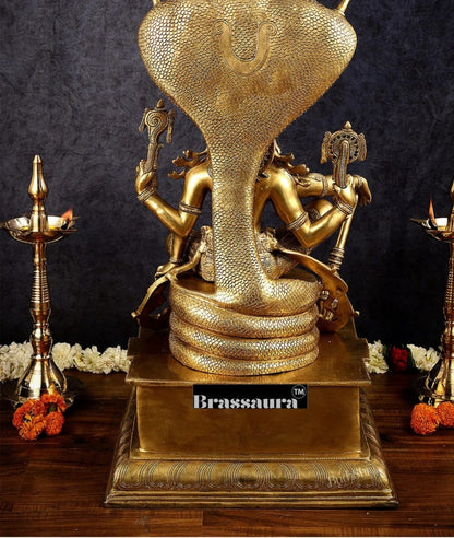 Brassaura™Brass Shri Hari Narayana Statue Seated Under Sheshanaag – Height 29 Inches & Weight 35 Kgs | Home & Puja Accent