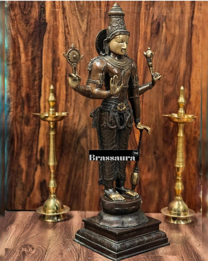 Brassaura™ Superfine Brass Lord Vishnu Statue | 38 Inch Height | 27 KG Weight | Antique Bronze Patina Finish
