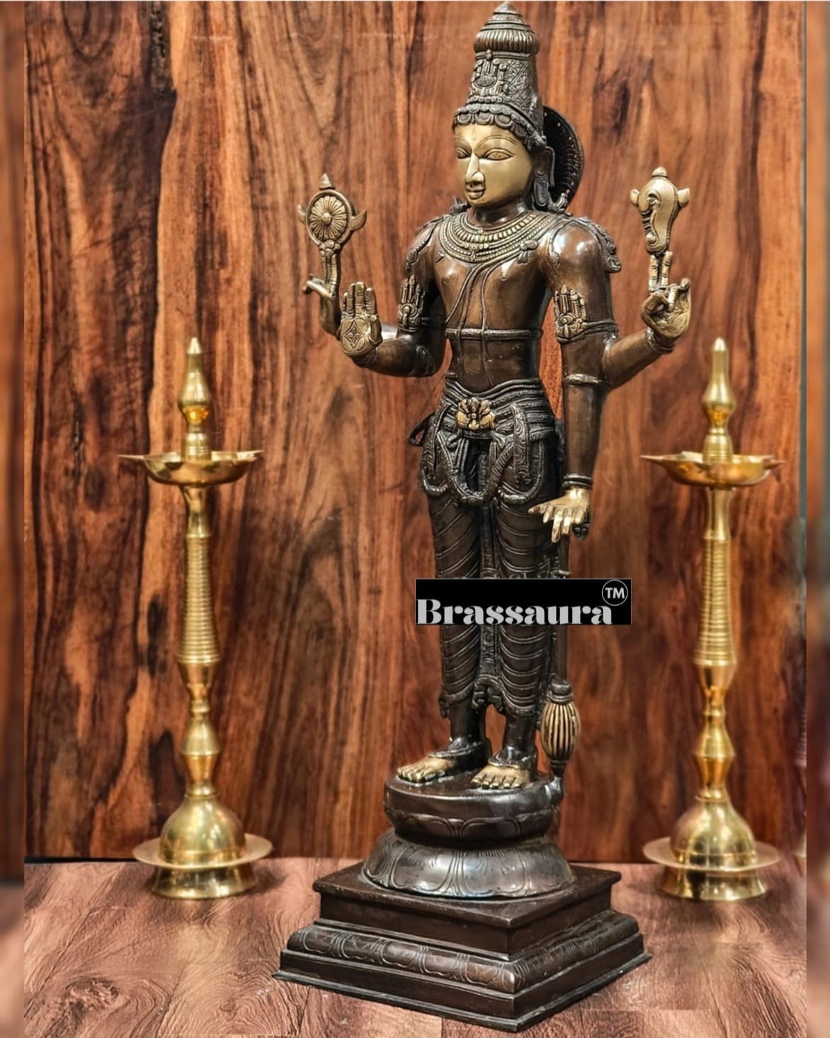 Brassaura™ Superfine Brass Lord Vishnu Statue | 38 Inch Height | 27 KG Weight | Antique Bronze Patina Finish