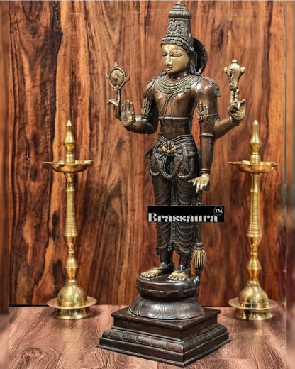 Brassaura™ Superfine Brass Lord Vishnu Statue | 38 Inch Height | 27 KG Weight | Antique Bronze Patina Finish