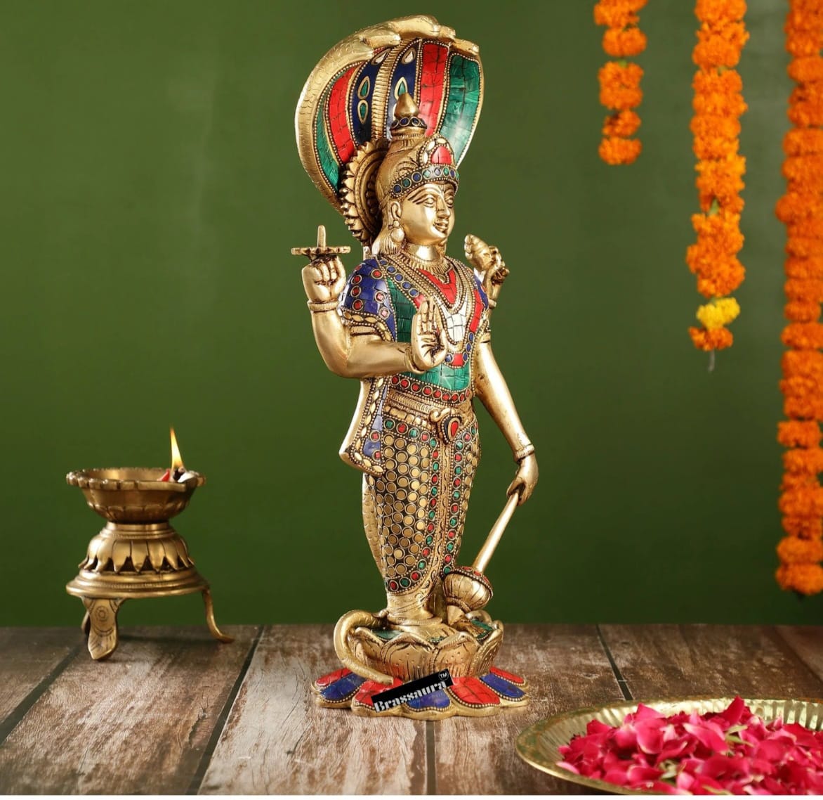 Brassaura™ Handcrafted Brass Lord Vishnu Statue | 17 Inch Height | 7 KG Weight | Intricate Detailing
