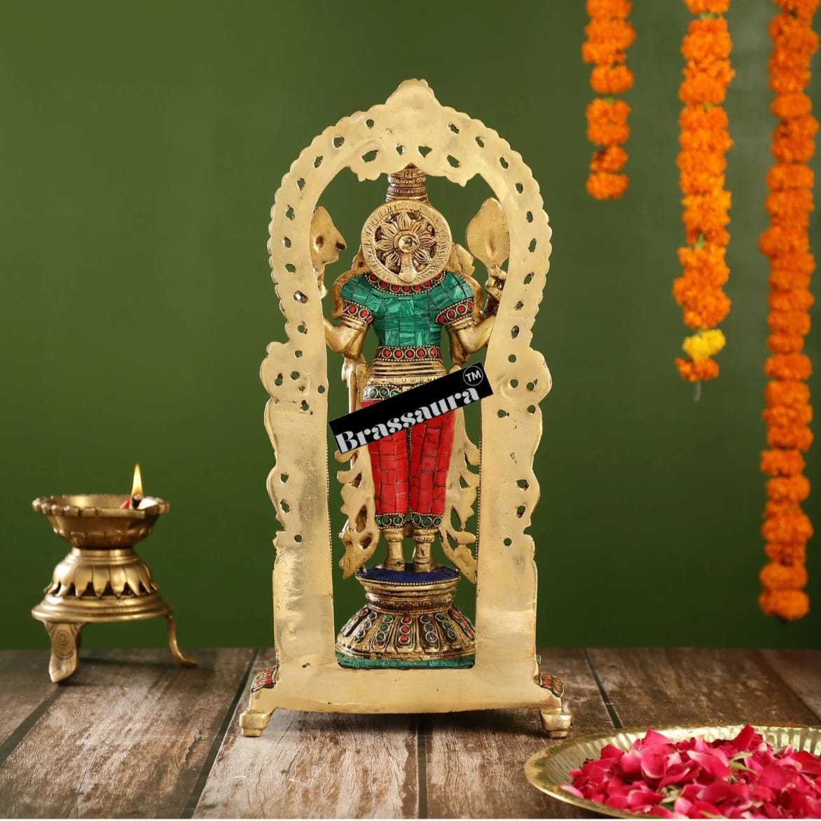 Brassaura™ Superfine Brass Lord Vishnu Statue with Garuda | Intricate Stonework | 16 Inch Height | 6 KG Weight | Handcrafted Masterpiece