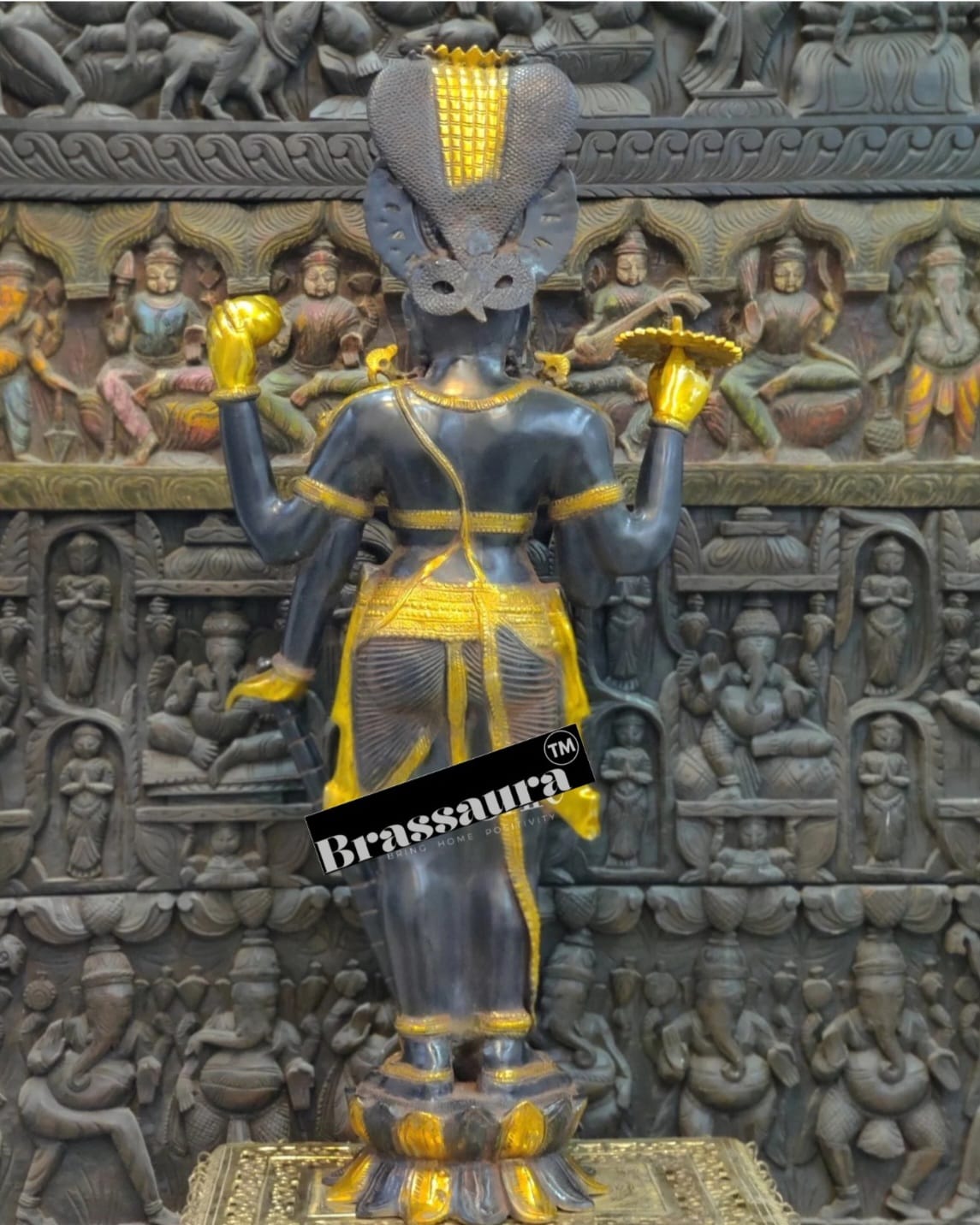 Brassaura™ Handcrafted Brass Lord Vishnu Idol with Sheshanaag | 40 Inch Height | 30 KG Weight | Ink Blue & Yellow Gold Finish