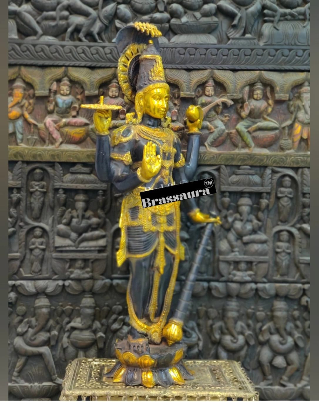 Brassaura™ Handcrafted Brass Lord Vishnu Idol with Sheshanaag | 40 Inch Height | 30 KG Weight | Ink Blue & Yellow Gold Finish