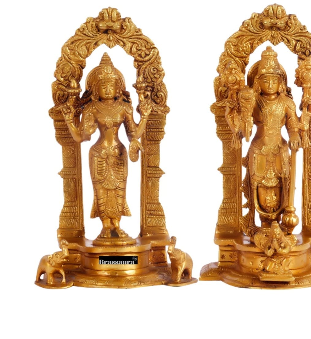 Brassaura™ Handcrafted Pure Brass Lord Vishnu with Garuda & Goddess Lakshmi with Elephants | 9 Inches Height | 4 KG (Pair) | Finely Detailed with Prabhavalis