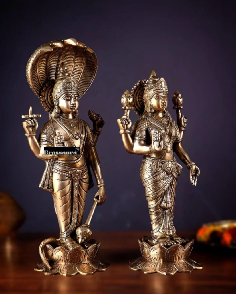 Brassaura™ Vishnu-Lakshmi Brass Idols Pair – 13kg, 17.5-Inch – Symbol of Divine Grace & Eternal Blessings for Home Temple & Spiritual Decor