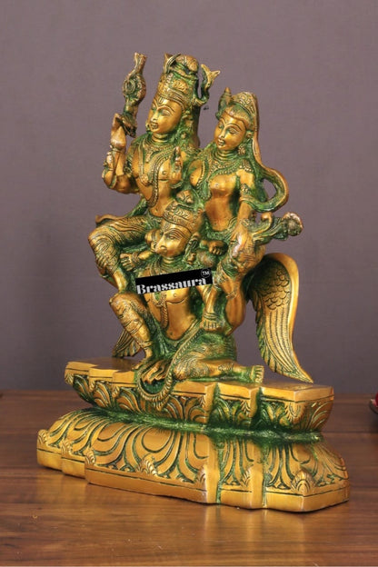 Brassaura™ Brass Idol of Lord Vishnu and Goddess Lakshmi on Garuda – 5.5kg, 12-Inch – Intricately Detailed Antique Patina Finish