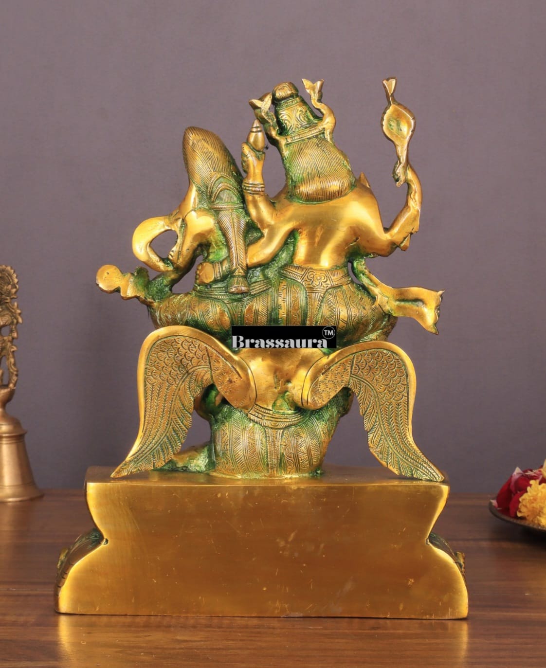 Brassaura™ Brass Idol of Lord Vishnu and Goddess Lakshmi on Garuda – 5.5kg, 12-Inch – Intricately Detailed Antique Patina Finish