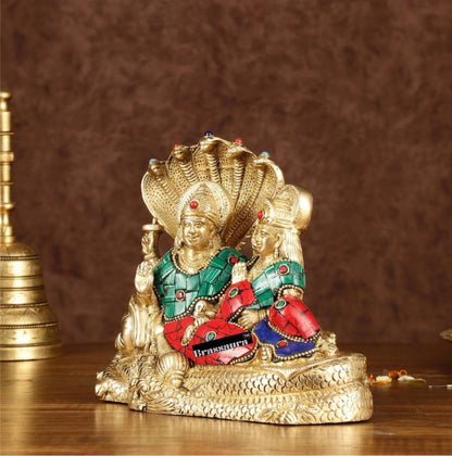Brassaura™ Vishnu & Lakshmi Brass Idol on Sheshnaag – 2kg, 6.5-Inch – Gold-Finish Vaastu-Compliant Idol for Home & Office Blessings