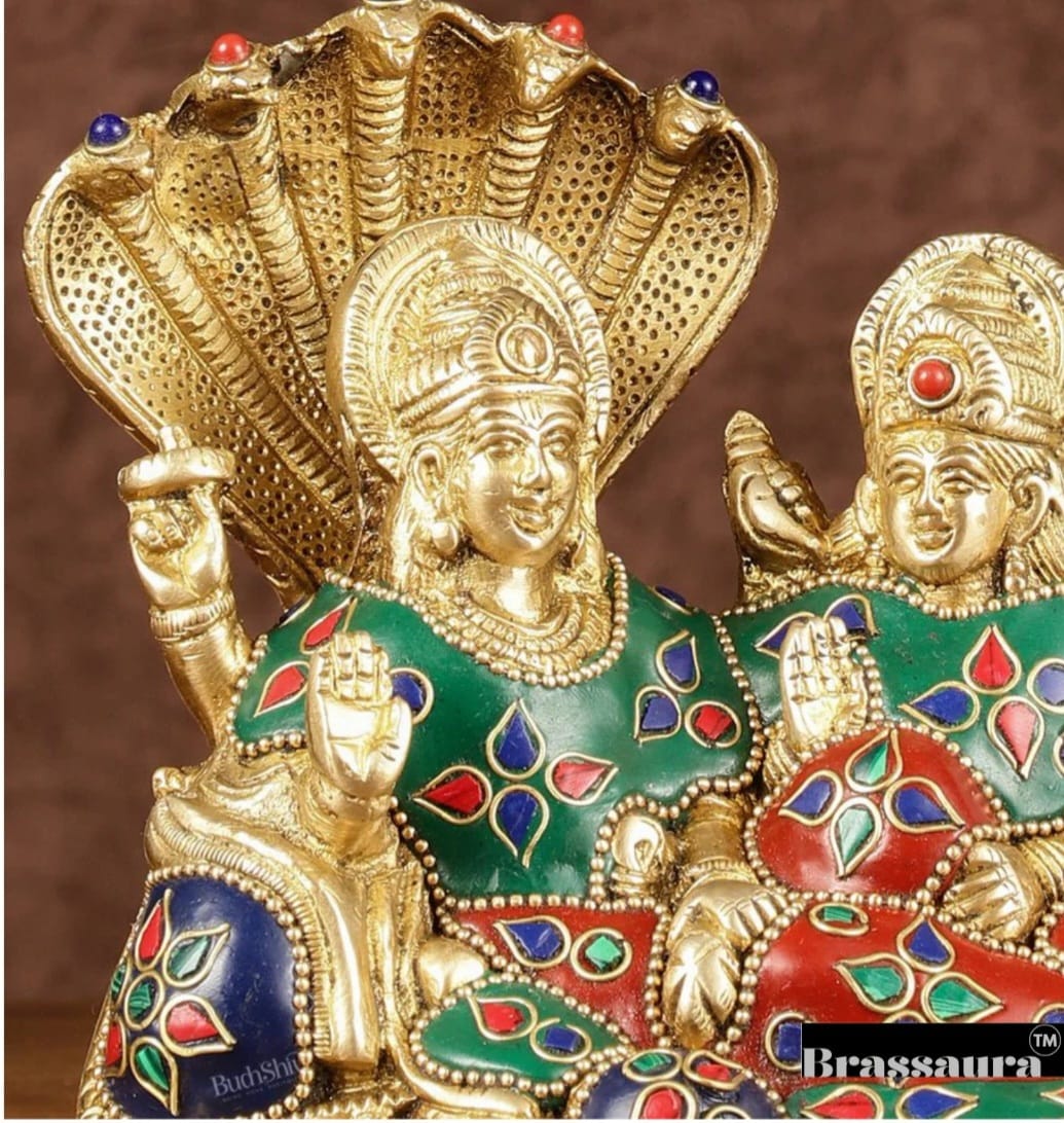 Brassaura™ Vishnu & Lakshmi Brass Idol on Sheshnaag – 2kg, 6.5-Inch – Gold Finish Vaastu-Compliant Idol for Home & Office