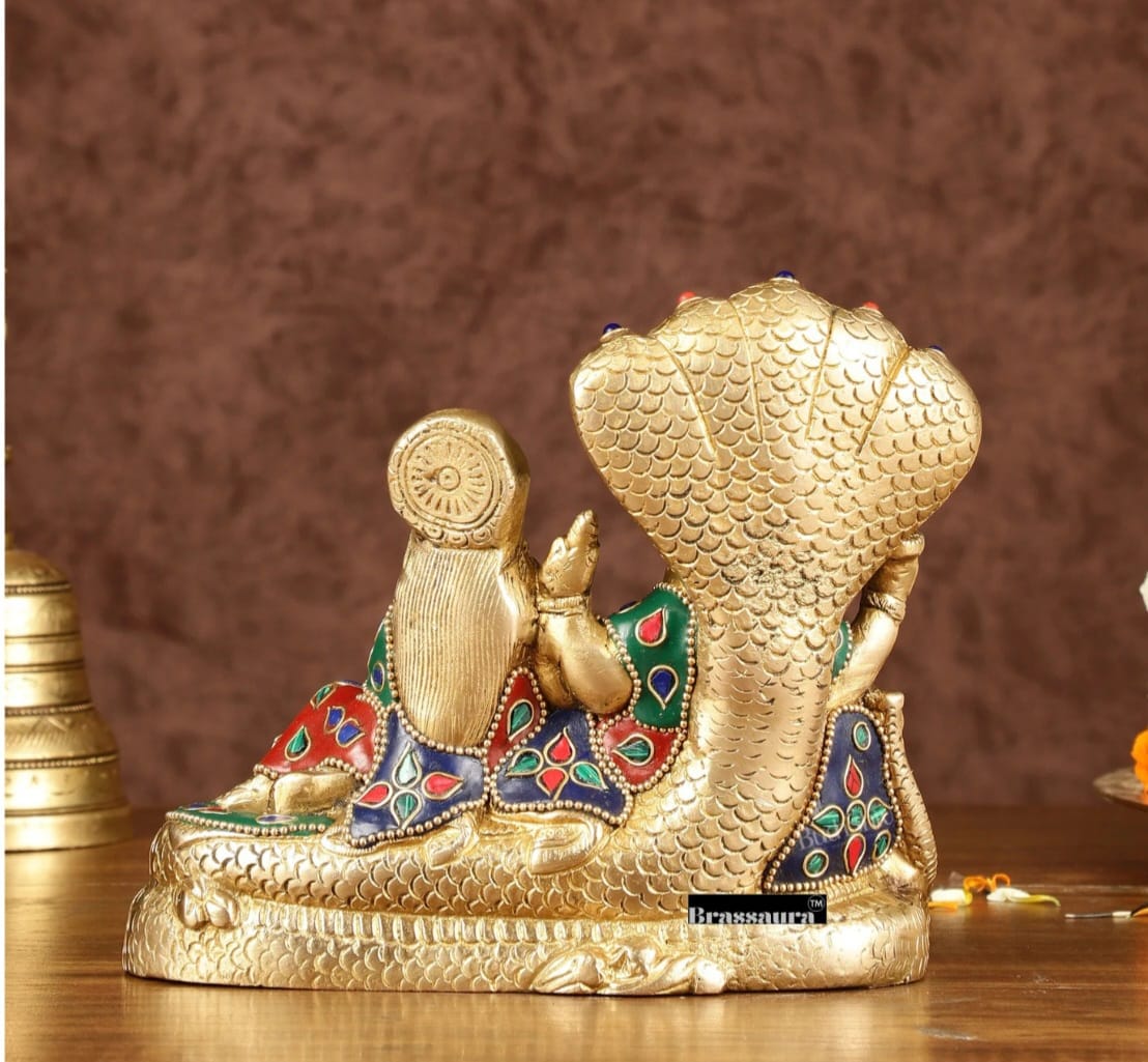 Brassaura™ Vishnu & Lakshmi Brass Idol on Sheshnaag – 2kg, 6.5-Inch – Gold Finish Vaastu-Compliant Idol for Home & Office
