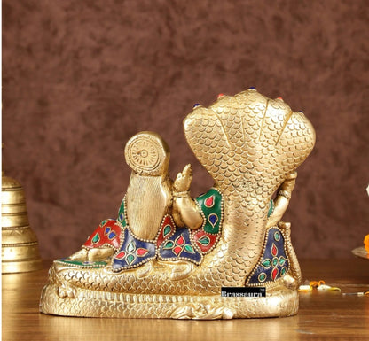 Brassaura™ Vishnu & Lakshmi Brass Idol on Sheshnaag – 2kg, 6.5-Inch – Gold Finish Vaastu-Compliant Idol for Home & Office