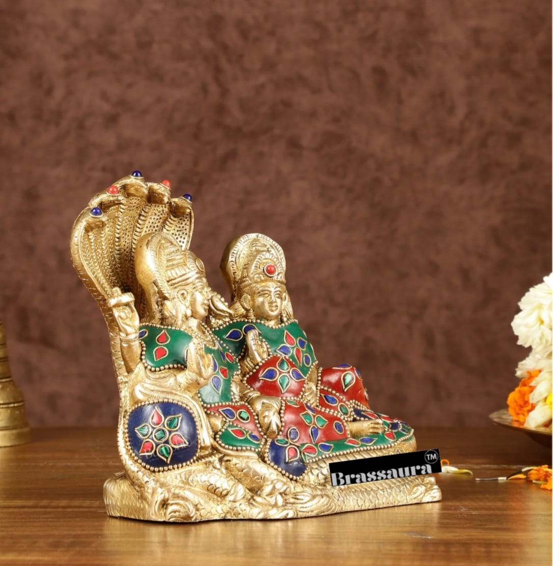 Brassaura™ Vishnu & Lakshmi Brass Idol on Sheshnaag – 2kg, 6.5-Inch – Gold Finish Vaastu-Compliant Idol for Home & Office