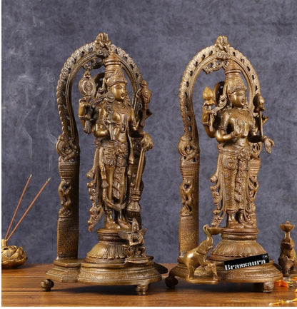 Brassaura™ 16-Inch Vishnu & Lakshmi Brass Statues Pair – 12kg – Antique Chola Style Idols for Auspicious Home & Temple Decor
