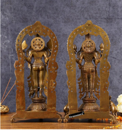 Brassaura™ 16-Inch Vishnu & Lakshmi Brass Statues Pair – 12kg – Antique Chola Style Idols for Auspicious Home & Temple Decor