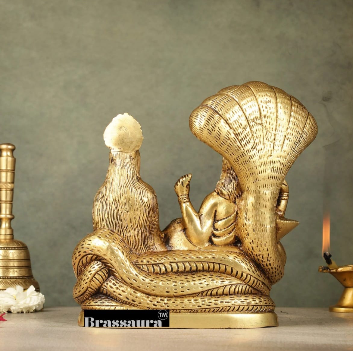 Brassaura™ Pure Brass Lakshmi Narayan Idol on Sheshnaag – 4kg, 8-Inch – Handcrafted Idol for Serenity & Prosperity in Home Temple