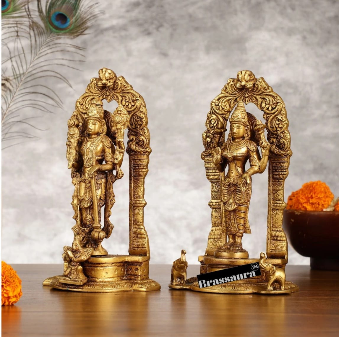 Brassaura™ Pure Brass Vishnu & Lakshmi Idol Pair with Prabhavalis – 4kg, 9-Inch – Handcrafted with Garuda & Elephants for Home Temple Décor