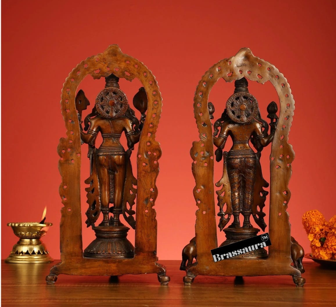 Brassaura™ 16-Inch Superfine Brass Vishnu & Lakshmi Idol Pair – 12kg – Antique Bronze Finish with Garuda & Elephants for Home Temple Décor