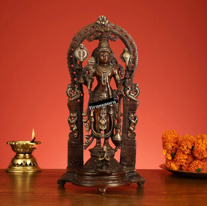 Brassaura™ 16-Inch Superfine Brass Vishnu & Lakshmi Idol Pair – 12kg – Antique Bronze Finish with Garuda & Elephants for Home Temple Décor