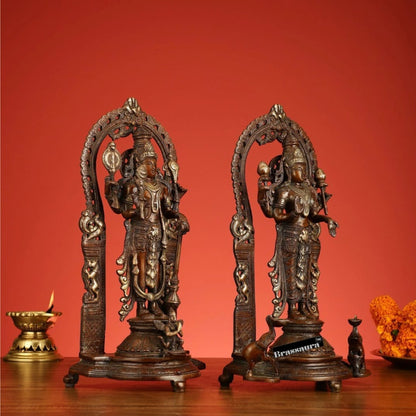 Brassaura™ 16-Inch Superfine Brass Vishnu & Lakshmi Idol Pair – 12kg – Antique Bronze Finish with Garuda & Elephants for Home Temple Décor