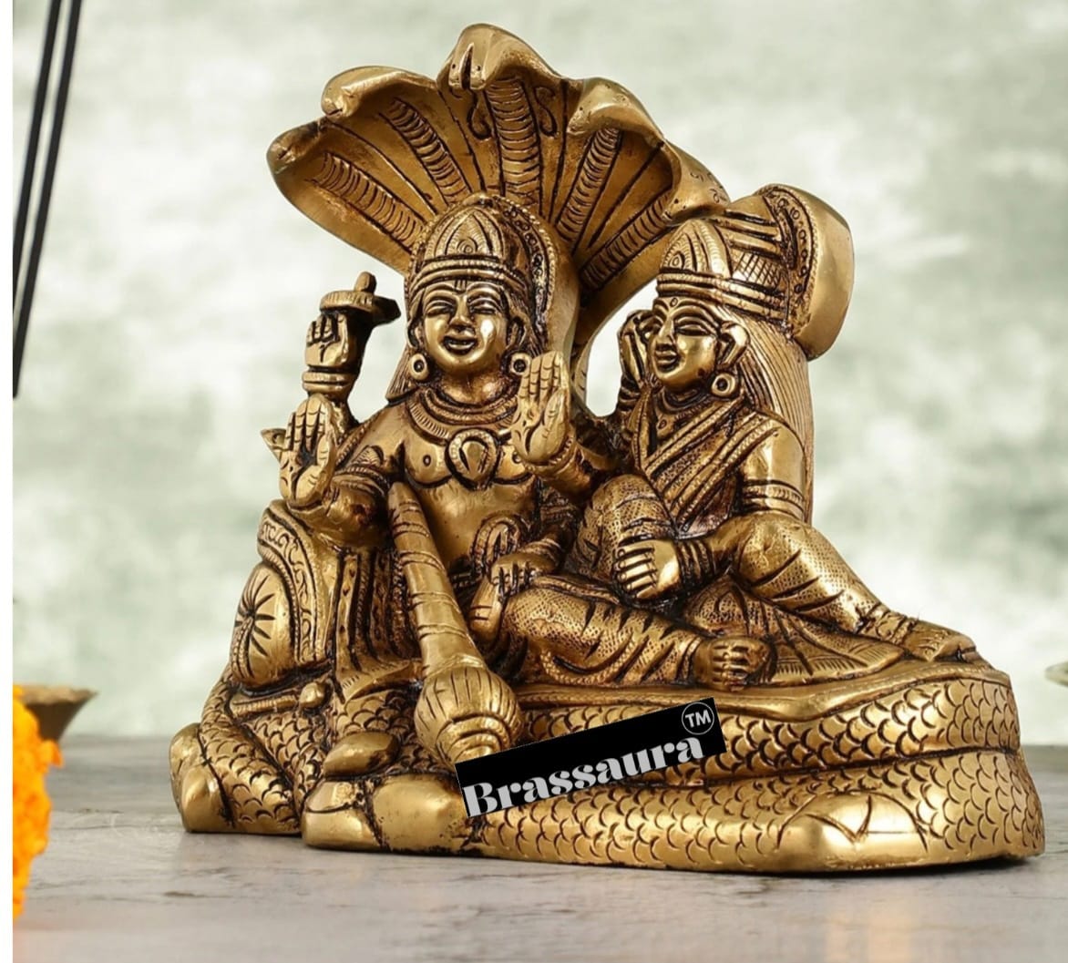 Brassaura™ Brass Vishnu & Lakshmi Idol on Sheshnag – 2.3kg, 6.5-Inch – Handcrafted Statue for Blessings & Prosperity