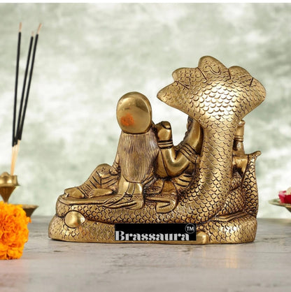 Brassaura™ Brass Vishnu & Lakshmi Idol on Sheshnag – 2.3kg, 6.5-Inch – Handcrafted Statue for Blessings & Prosperity