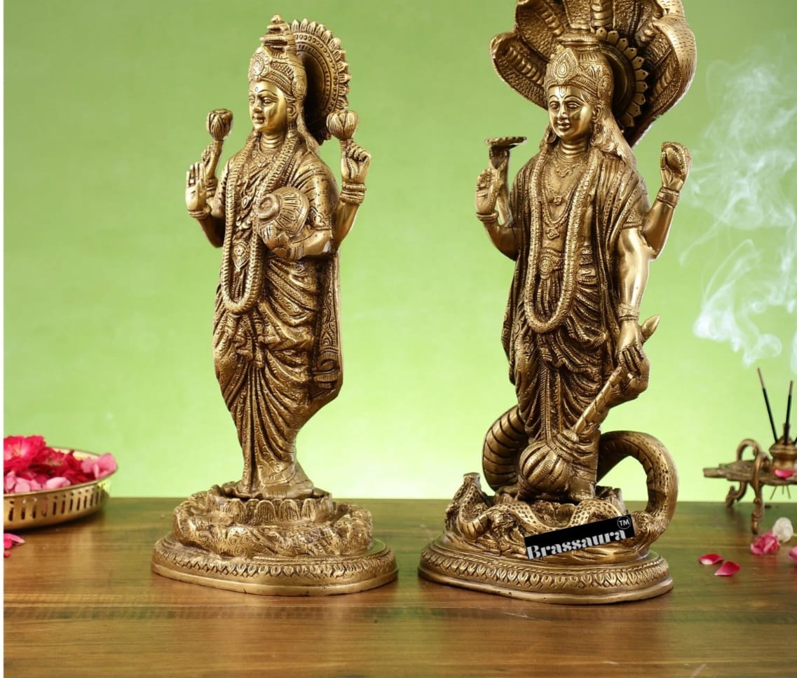 Brassaura™ Vishnu & Lakshmi Brass Idol Set – 13.79kg – 17-Inch Vishnu & 15-Inch Lakshmi – Handcrafted Statues for Wealth, Protection & Spiritual Decor