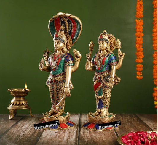 Brassaura® Handcrafted Brass Vishnu & Lakshmi Statues  17-Inch – Elegant Divine Décor for Home Temple & Spiritual Spaces