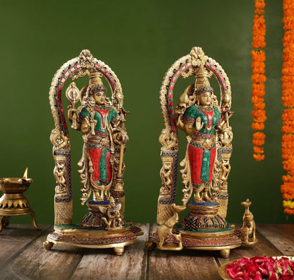 Brassaura™ Handcrafted Brass Vishnu & Lakshmi Statues – 14kg, 17-Inch – Elegant Divine Décor for Home Temple & Spiritual Spaces