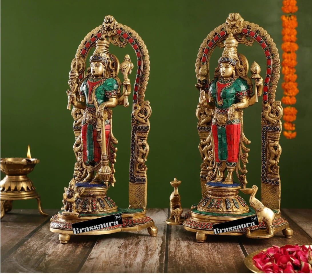 Brassaura™ Handcrafted Brass Vishnu & Lakshmi Statues – 14kg, 17-Inch – Elegant Divine Décor for Home Temple & Spiritual Spaces
