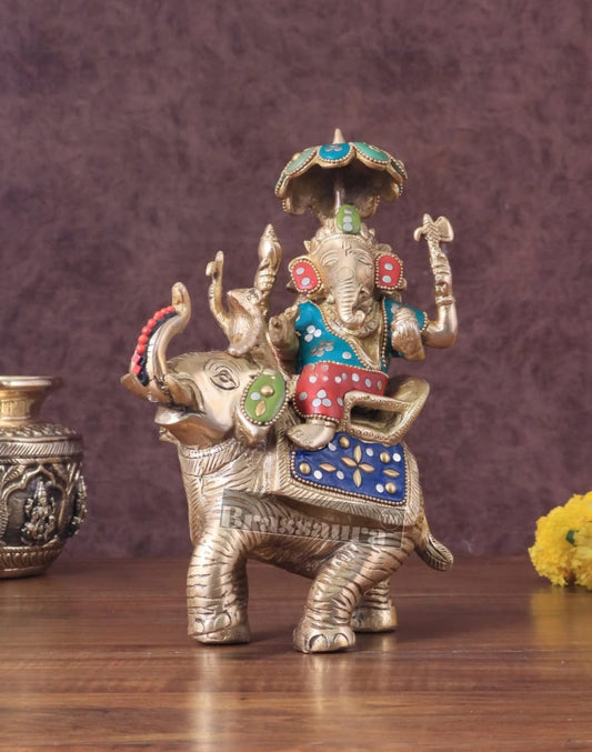 Brassaura® Handcrafted Brass Ganesha on Ambari with Meenakari Stonework – Height 9.5 Inches